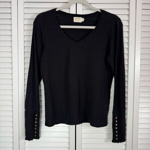 Nation LTD Smock Cuff Long Sleeve Tee V-neck Black Top Size Medium